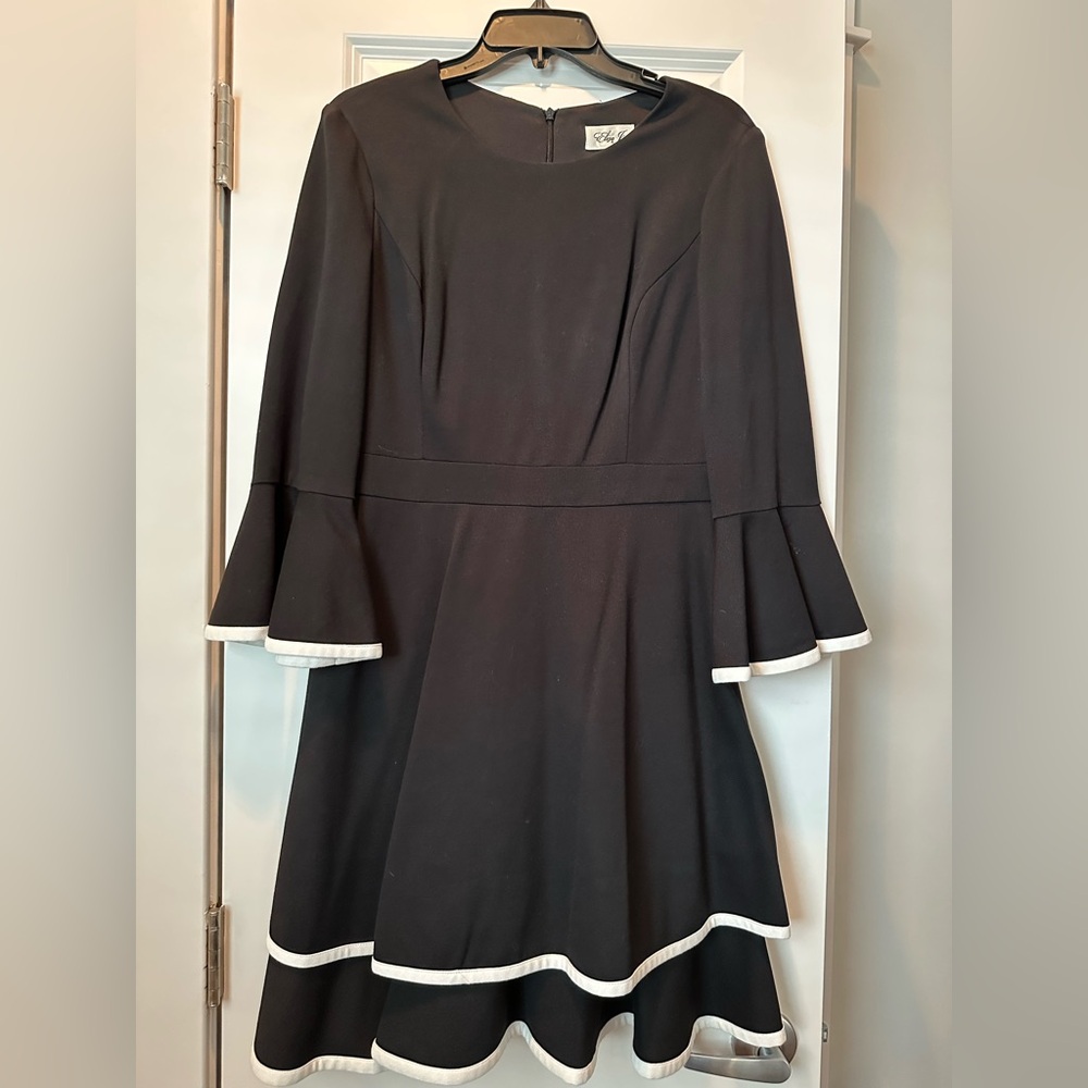 Eliza J Black Ponte Dress with Ruffle sleeves and white piped trim